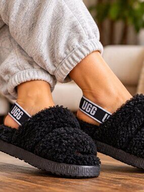 UGG Disco Slide Black Sheepskin Platform Slippers Logo Strap Y2K 1112258